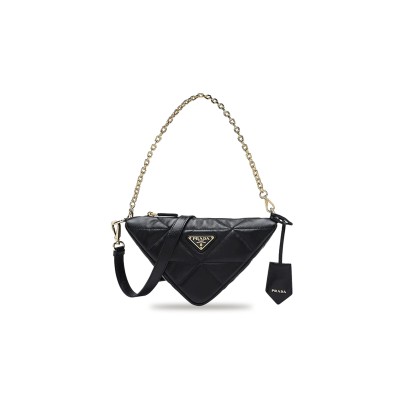 PRADA METAL TRIANGLE LOGO ZIP CLOSURE SOFT LAMBSKIN SHOULDER BAG 1BC190 (26*15*11cm)